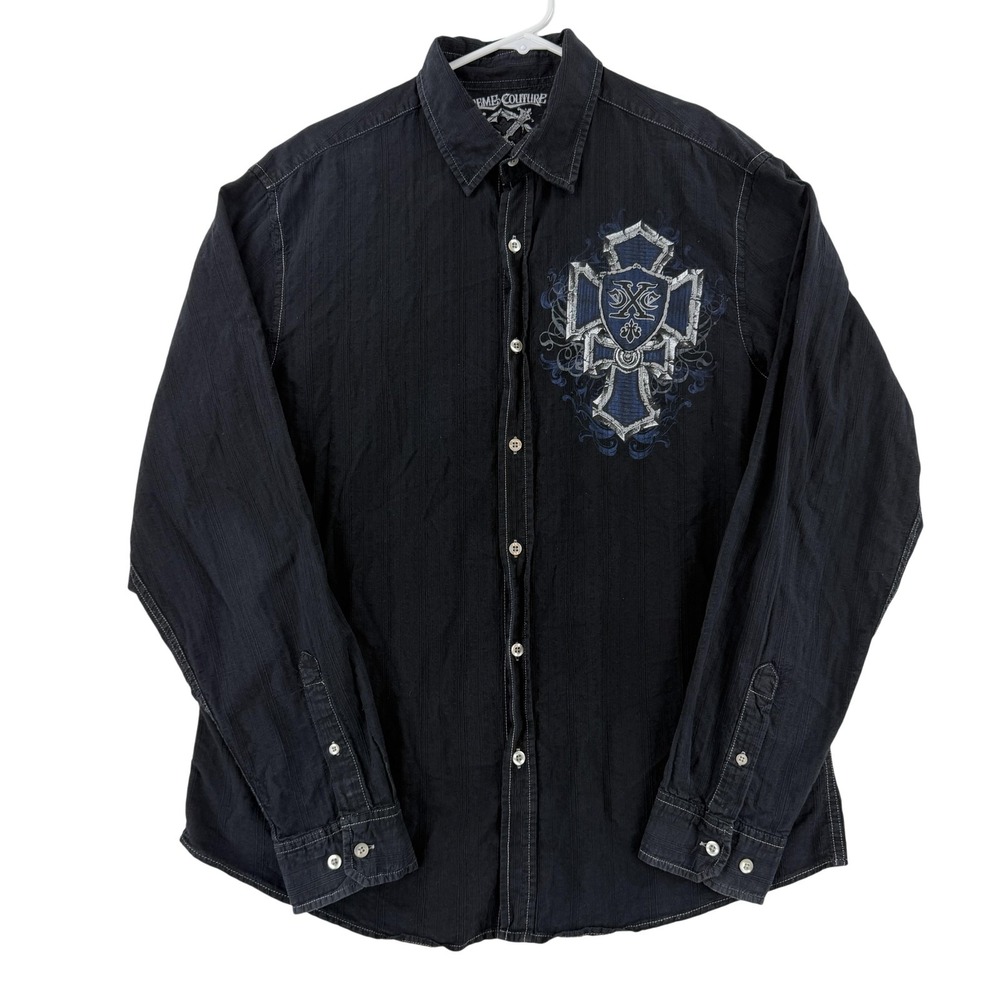 Xtreme Couture Affliction Shirt Mens XL Black Cross Long Sleeve Button Up Y2K